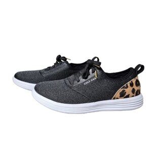 9 Cole Haan Grandsport Journey Leopard Lace Up Knit Sneakers with Calf Hair Heel
